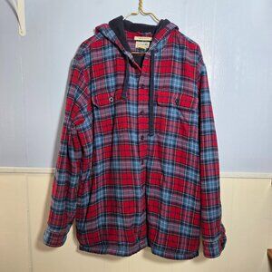 L. L. Bean Men's Extra Large Red Blue Plaid Button Up Hooded Heavy Jacket